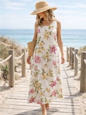 Hot Cotton 100% Linen Floral Sleeveless Maxi Dress Pink Multi Cottagecore S